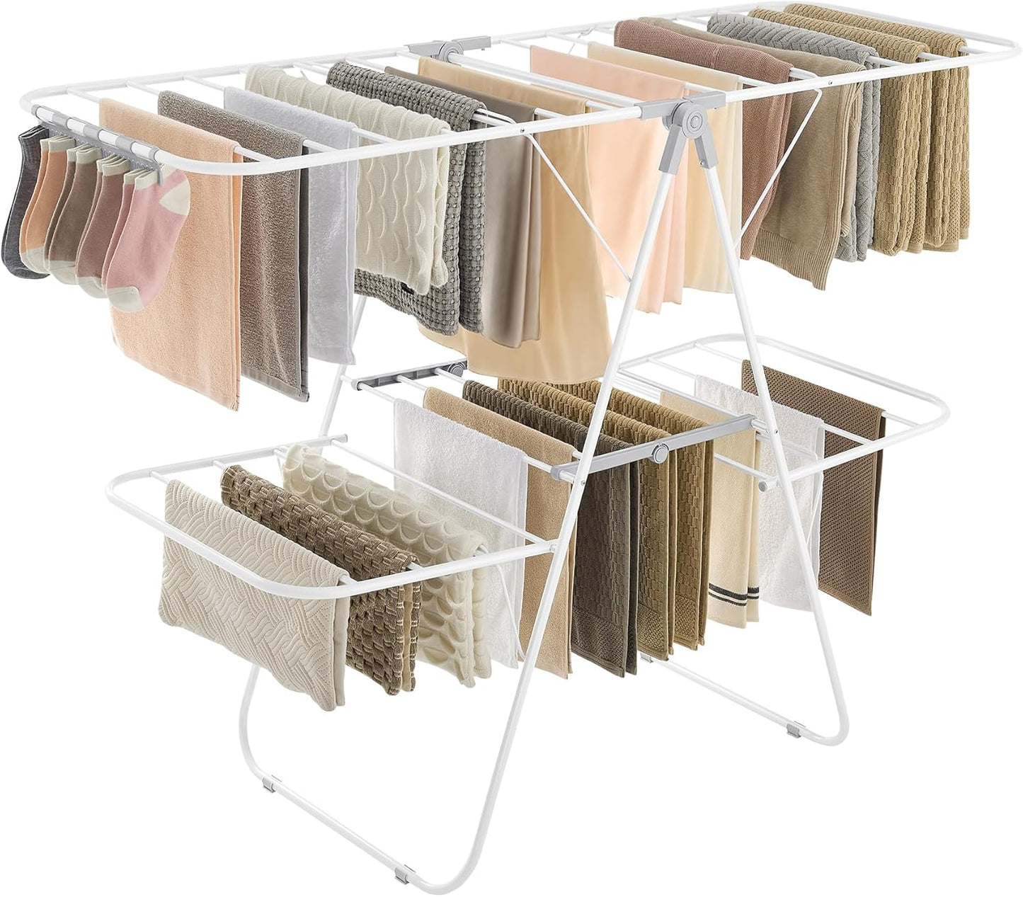 SONGMICS Clothes Drying Rack, Foldable 2-Level Laundry Drying Rack, Free-Standing Laundry Airer, with Height-Adjustable Wings, 33 Drying Rails, Sock Clips, White and Gray ULLR053G01V1 - NestledHome