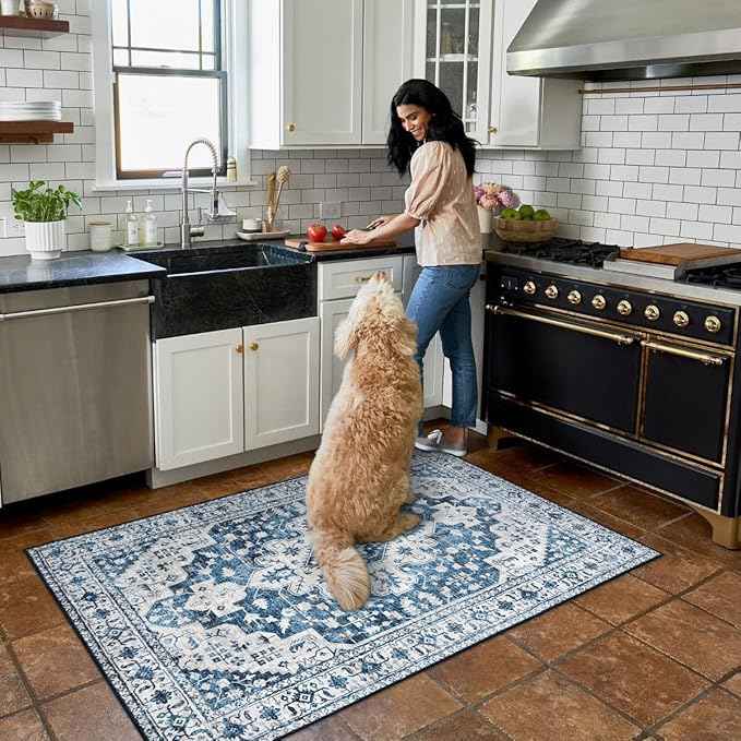 Moynesa Ultra-Thin Washable Area Rug - 3x5 Blue Kitchen Rugs Washable Rugs for Entryway Non Slip Front Door Mat, Non Shedding Low Pile Lightweight Indoor Carpet for Dorm Basement Foyer Living Room