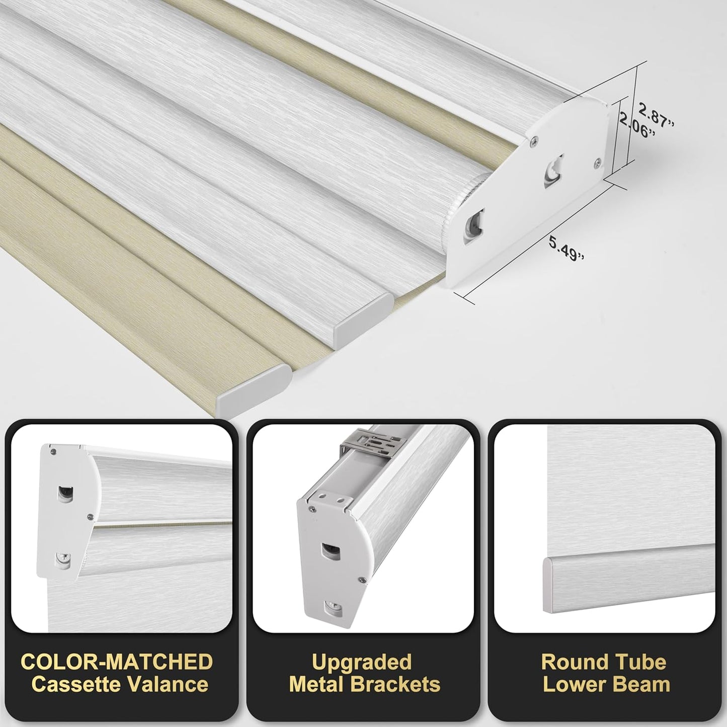 BERISSA Cordless Dual Roller Shades with Cassette Valance, Double Window Shades - Blackout and Light Filtering, Day and Night for Home Office Door. Beige and White. 50 W x 44" H