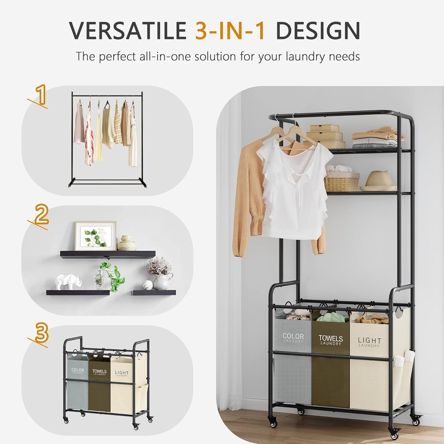 Laundry Sorter 3 Section,Laundry Hamper Cart with Hanging Rack & Removable Bags,Heavy Duty Laundry Basket Organizer with Wheels & 2 Tier Shelf,3 Colors - NestledHome