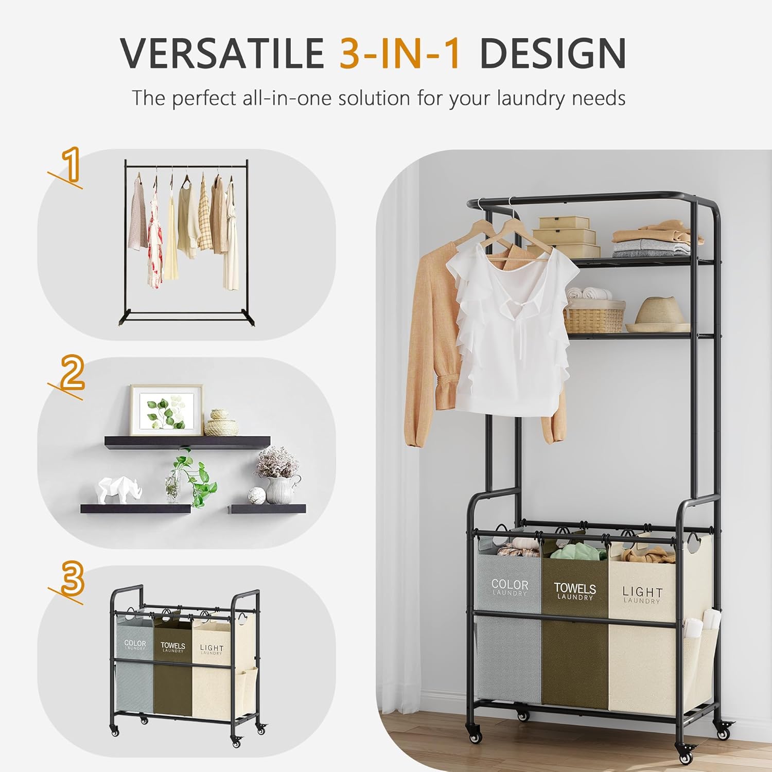 Laundry Sorter 3 Section,Laundry Hamper Cart with Hanging Rack & Removable Bags,Heavy Duty Laundry Basket Organizer with Wheels & 2 Tier Shelf,3 Colors - NestledHome