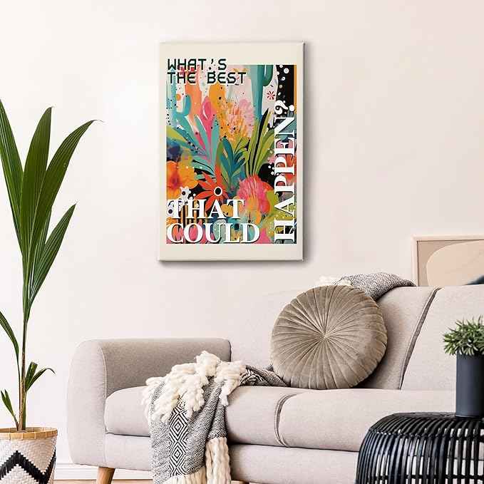 HIWX What's the Best That Could Happen Maximalist Floral Framed Canvas Painting Wall Art Decor, Funky Eclectic Botanical Inspirational Wall Art Home Decoration for Home Bedroom Room, 16x24