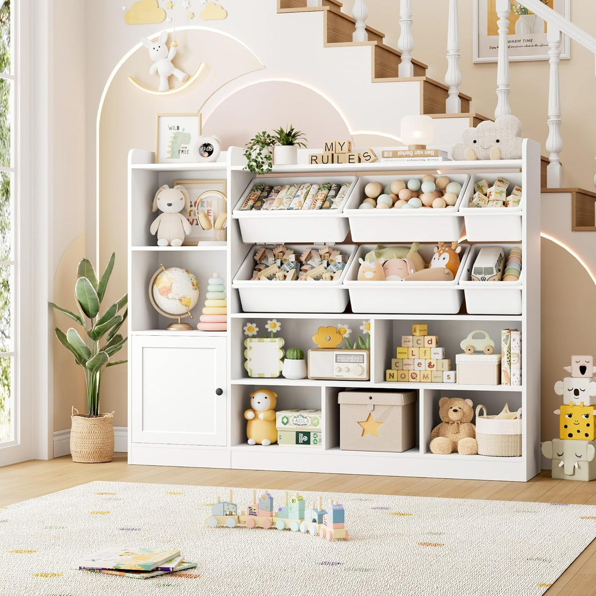 Toy Storage Organizer, 55” Wide Toy Organizers and Storage with 8 Storage Cubbies & 6 Toy Bins, Large Toy Box with Bookshelf, Playroom Storage for Playroom, White - NestledHome