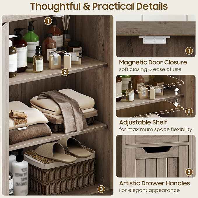 Vabches Farmhouse Bathroom Cabinet, Freestanding Storage Cabinet with 4 Drawers and 2 Doors, Rustic Storage Organizer with Adjustable Shelf for Bathroom, Living Room, Entryway, Grey