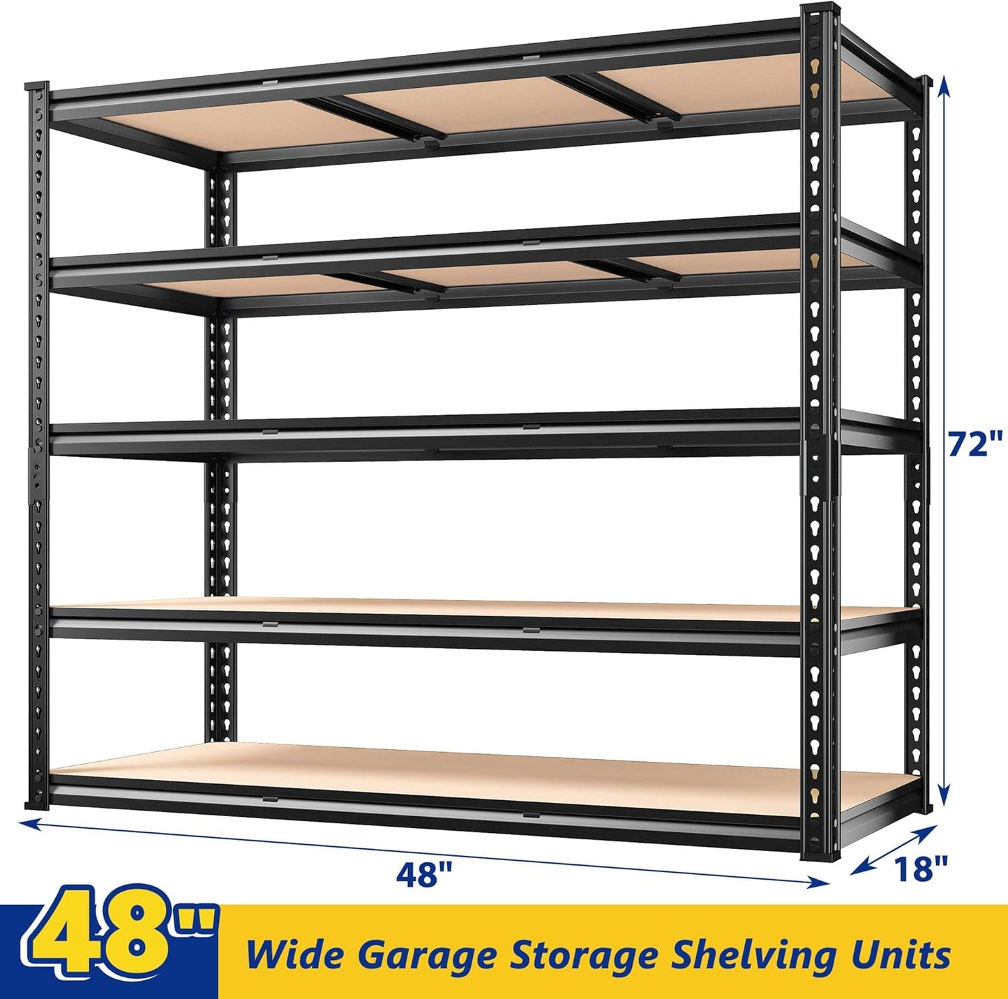 REIBII 48" W Garage Shelving Heavy Duty, 3000LBS Storage Shelves, 5-Tier Adjustable Metal Shelving, Garage Shelves Sturdy Industrial Shelf, Easy Assemble, 72" H x 48" W x 18" D - NestledHome