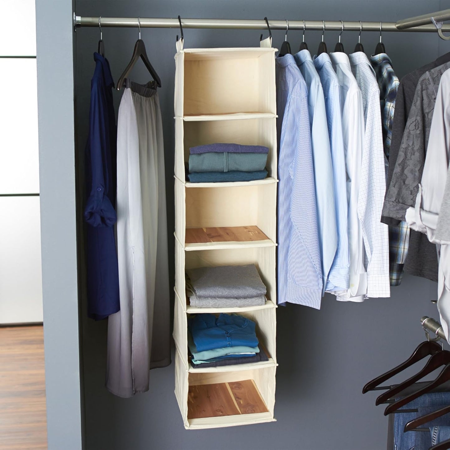 Household Essentials Cedarline 6-Shelf Hanging Closet Organizer, Heavy-Duty Cotton Canvas, Breathable, Versatile, Compact, Perfect for Rod or Wire Closets, Natural - NestledHome