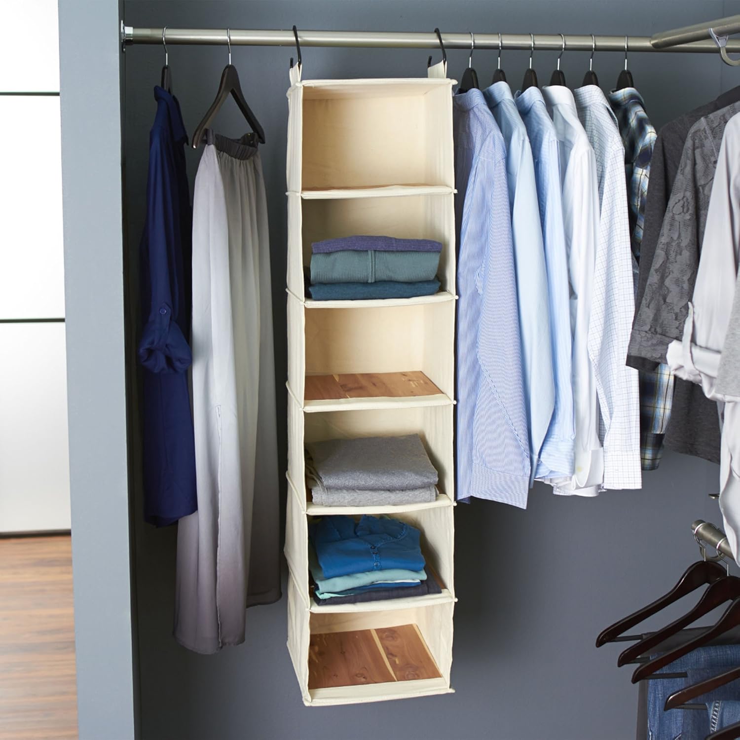 Household Essentials Cedarline 6-Shelf Hanging Closet Organizer, Heavy-Duty Cotton Canvas, Breathable, Versatile, Compact, Perfect for Rod or Wire Closets, Natural - NestledHome