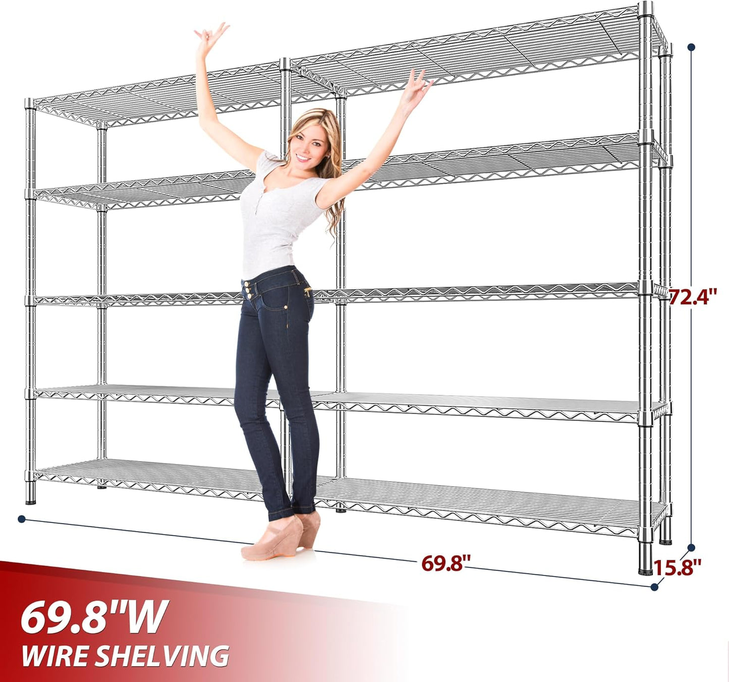REIBII 69.8" W Storage Shelves 1510LBS Wire Shelving Unit 5 Tier Metal Shelving for Storage Rack Shelves Adjustable Heavy Duty Garage Shelf Pantry Shelves Kitchen Shelving,69.8"Wx15.8"Dx72.4"H,Chrome - NestledHome