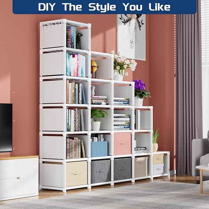 Mavivegue Book Shelf, 20 Cube Storage Organizer, DIY Bookcase, Metal Cube Bookshelf, Tall Book case for Bedroom, Living Room, Office, Closet Storage Organizer, Black Cubicle Storage Rack-White