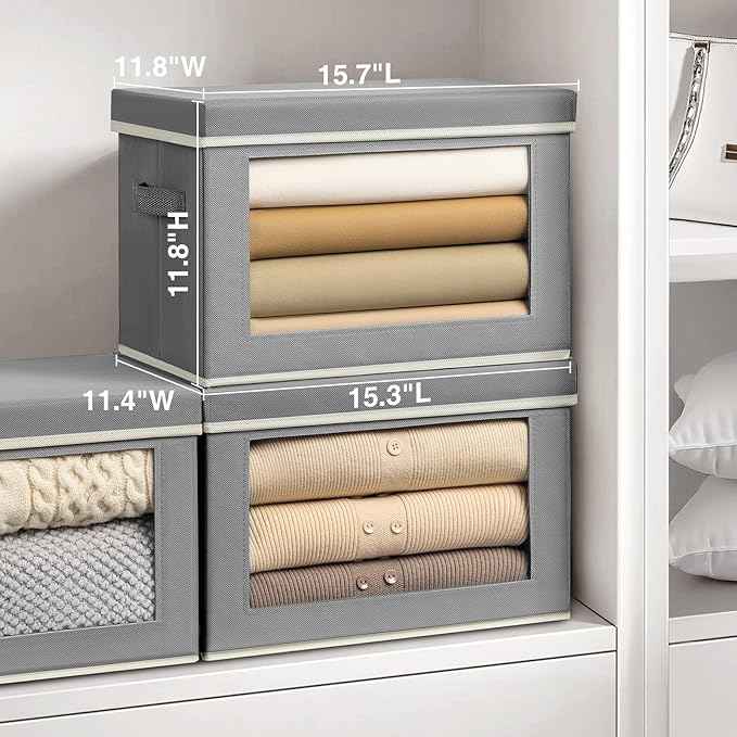 Large Storage Bins with Lids - Fabric Storage Cubes with Window, Collapsible Bins for Clothes, 15.7 Inch Large Baskets for Bedroom, Dorm, Office, Grey, 6 Pack