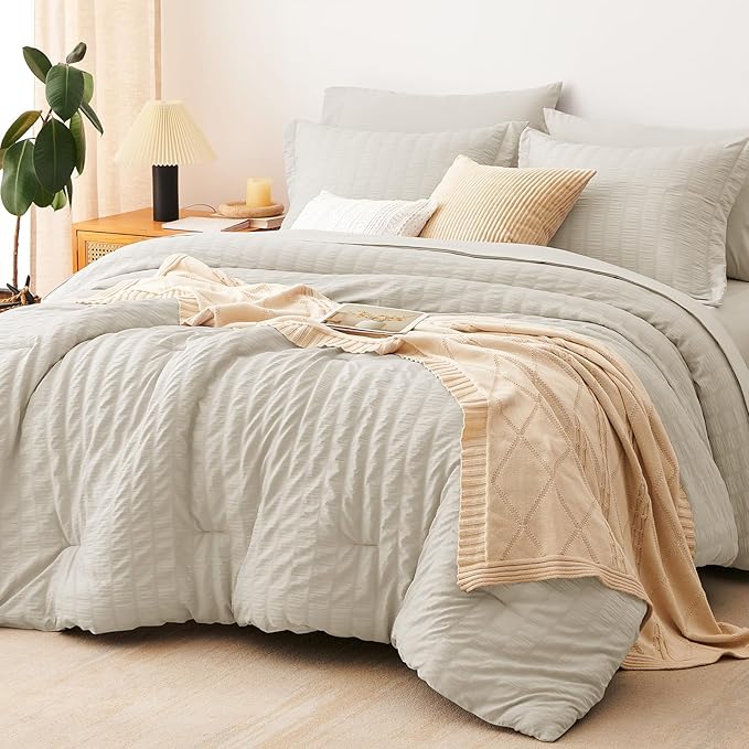 CozyLux Queen Comforter Set Oatmeal Seersucker 7 Pieces Bed in a Bag Queen Comforter Set with Sheets Luxury Soft Bedding Set with Down Alternative Comforter, Sheets, Pillowcases & Shams for All Season