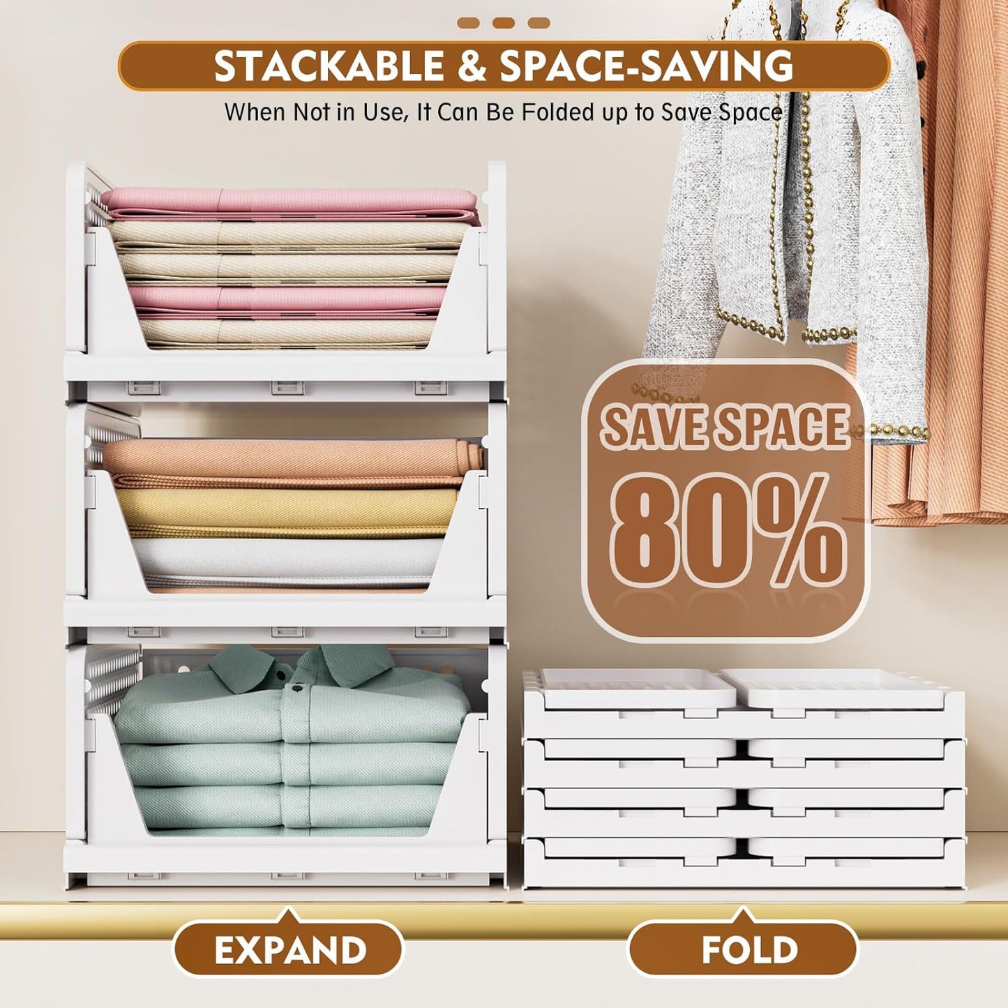 SNSLXH 5 Pack Stackable Closet Organizer Box, Multifunctional & Foldable Closet Storage Basket for Bathroom Kitchen Laundry Room Wardrobe Storage, Space-Saving Clothes Storage Drawer Organizer, Green - NestledHome