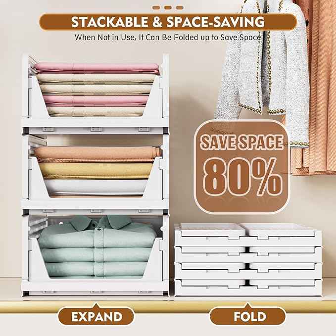 SNSLXH 5 Pack Stackable Closet Organizer Box, Multifunctional & Foldable Closet Storage Basket for Bathroom Kitchen Laundry Room Wardrobe Storage, Space-Saving Clothes Storage Drawer Organizer, Pink