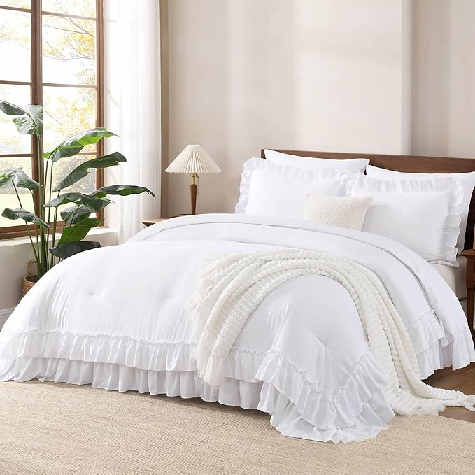 Andency Oversized King Ruffle Comforter Set, 3 Pieces Shabby Chic Farmhouse Bedding Set, Lightweight Soft Comforter Set 120x98 for Girls Women (1 Comforter 2 Pillowcases), White