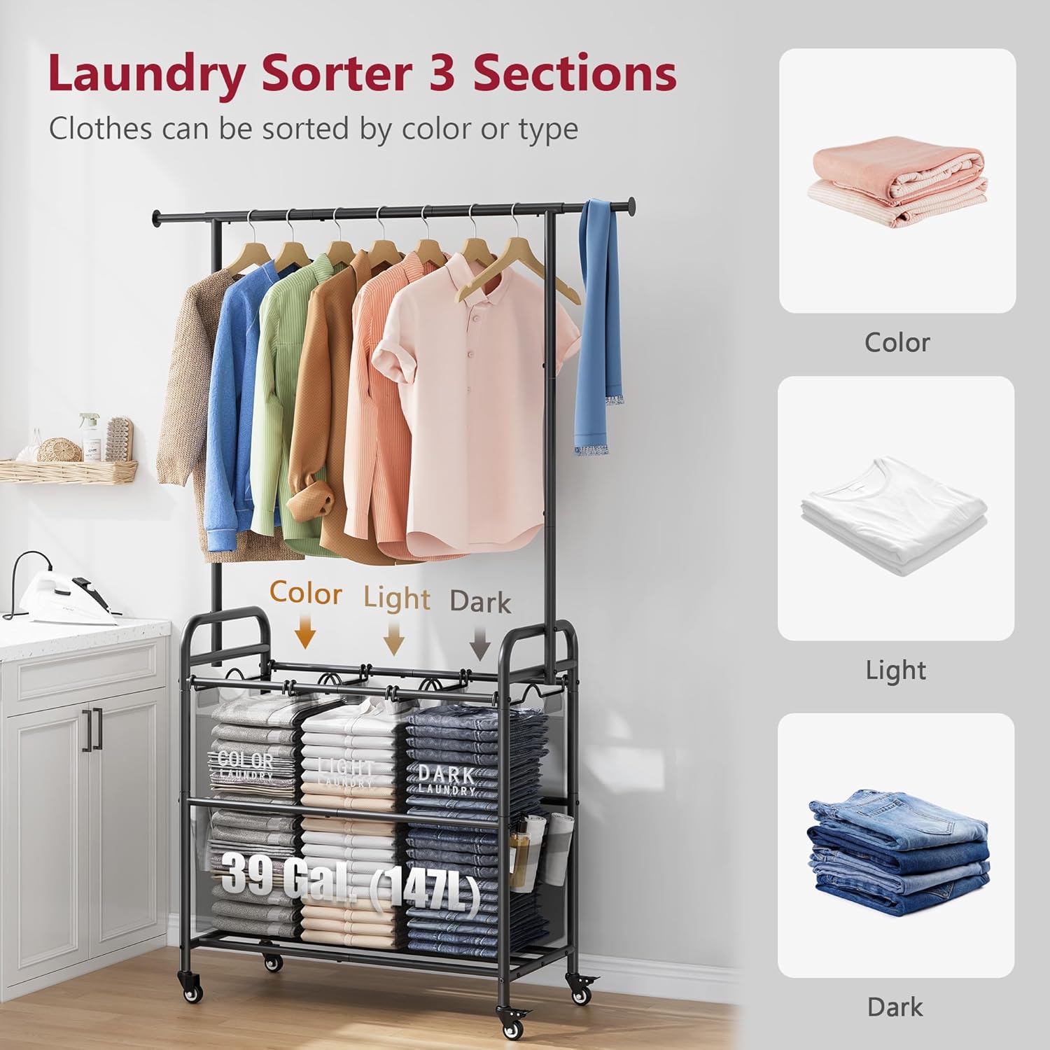 Tajsoon Laundry Sorter Cart with Hanging Rack, Laundry Sorter 3 Section, Laundry Hamper with Heavy Duty Rolling Lockable Wheels, Black - NestledHome