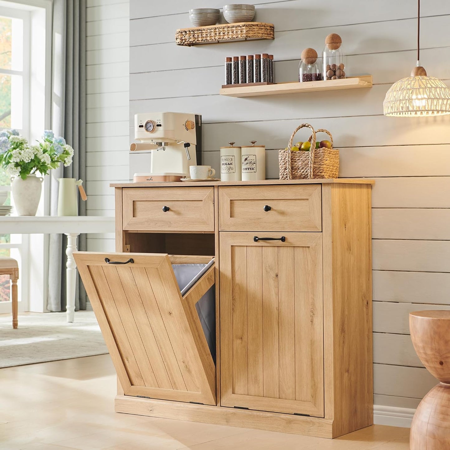 Double Tilt Out Laundry Hamper Cabinet, 20 Gallon Farmhouse Trash Can Cabinet with Drawer, Hidden Wood Garbage Can Bin Cabinets with Laundry Storage Basket for Bathroom, Kitchen (Natural) - NestledHome