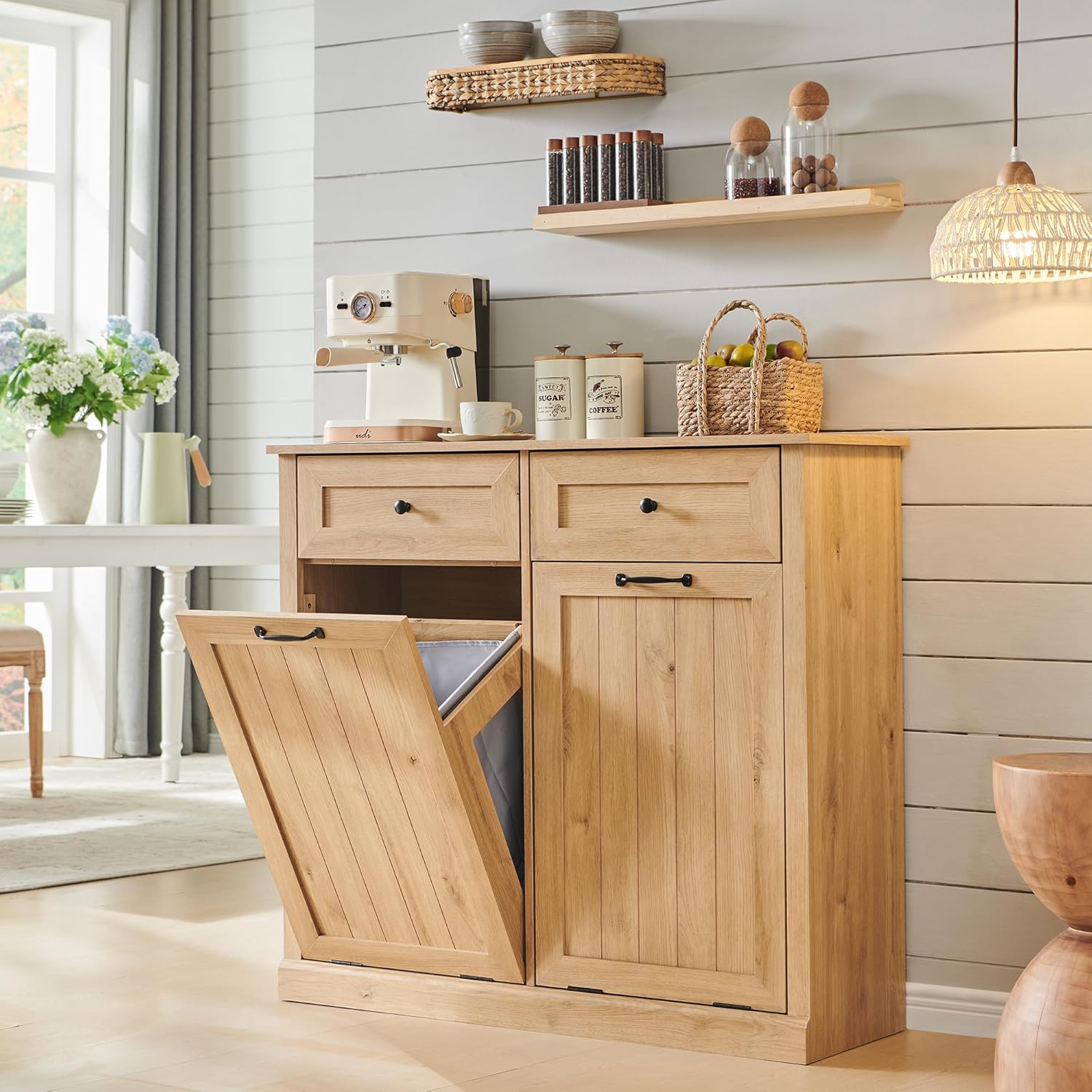 Double Tilt Out Laundry Hamper Cabinet, 20 Gallon Farmhouse Trash Can Cabinet with Drawer, Hidden Wood Garbage Can Bin Cabinets with Laundry Storage Basket for Bathroom, Kitchen (Natural) - NestledHome