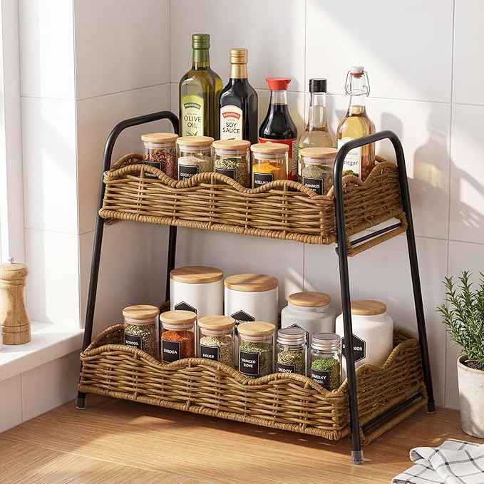 Geelin 2 Tier Stackable Cabinet Organizer Shelves 12.8" x 8.7" x 12" Kitchen Counter Shelves Natural Rattan Scalloped Wicker Basket Boho Spice Rack for Kitchen Bathroom Laundry Living Room Decoration