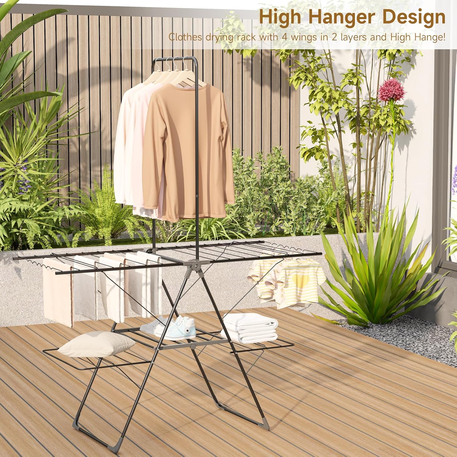Bigzzia Clothes Drying Rack Foldable, 68.9Inch High Hanger Laundry Drying Rack with 4 Height-Adjustable Wings, Lightweight and Space Saving Clothes Airer for Apartments, Dorms, Camping - NestledHome