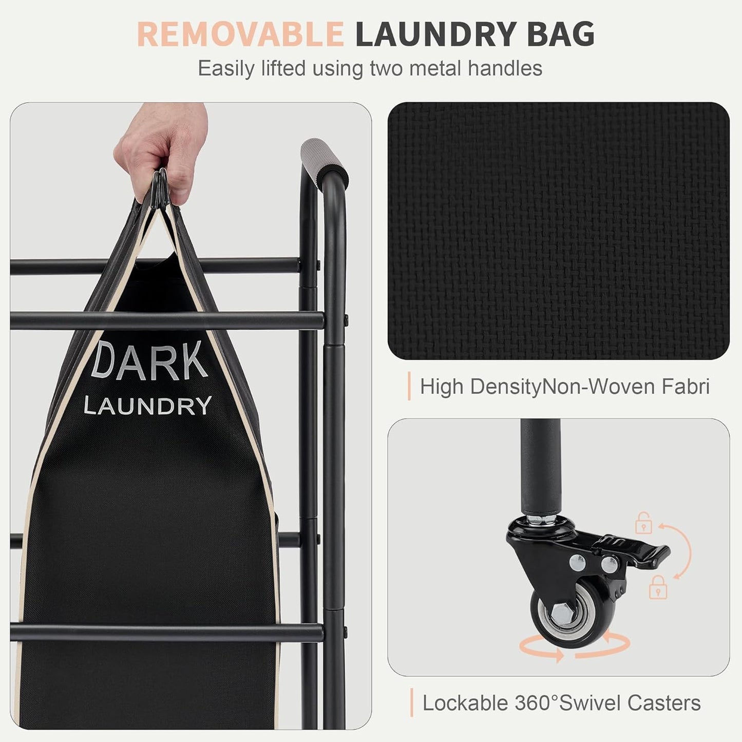 Laundry Sorter 3 Section,Laundry Hamper Cart with Hanging Rack & Removable Bags,Heavy Duty Laundry Basket with Wheels & 2 Tier Shelf,Space-Saving Laundry Basket Organizer for Laundry Room - NestledHome