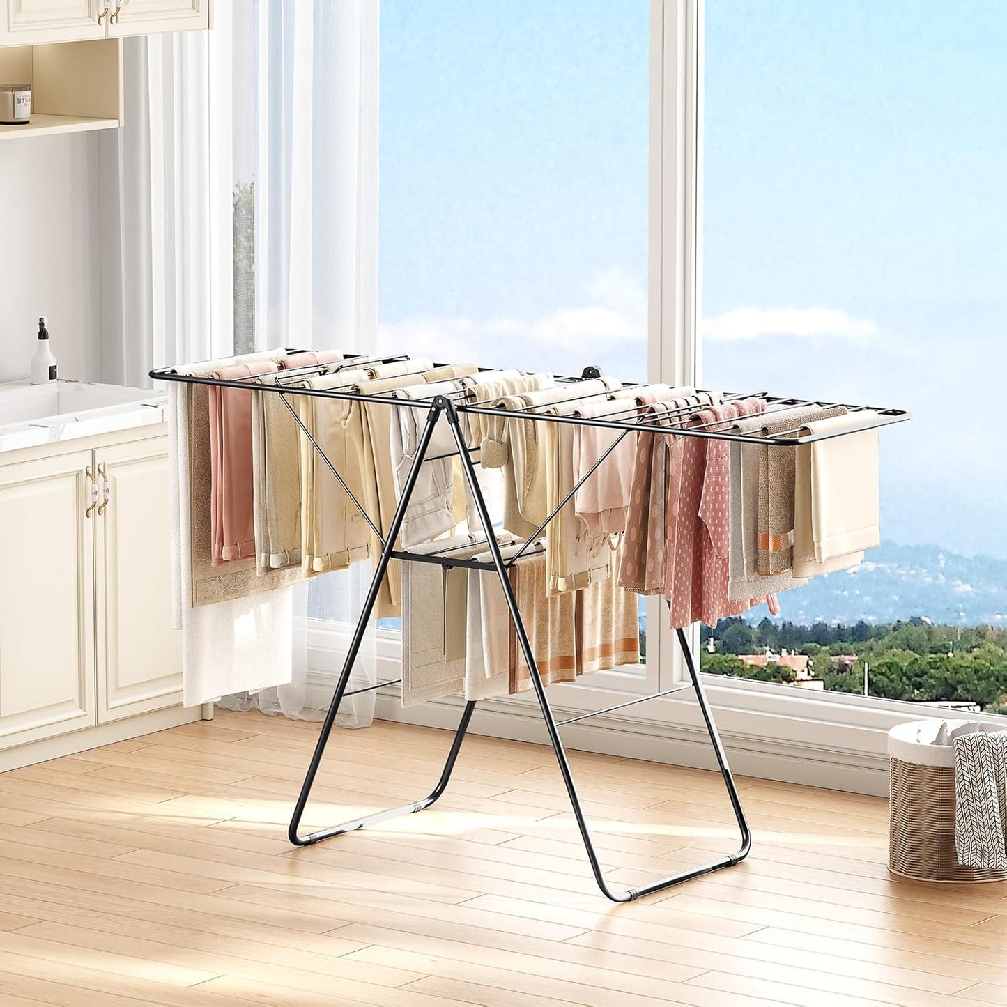 APEXCHASER Clothes Drying Rack, Oversized Drying Rack Clothing with Height-Adjustable, Foldable Gullwings Metal Laundry Rack, Indoor Outdoor Use, No Assembly, Black - NestledHome
