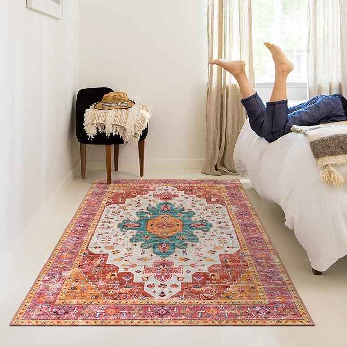 Moynesa Ultra-Thin Washable Vintage Area Rug - 5x7 Large Bedroom Boho Non-Slip Non-Shedding Living Room Mat Oriental Medallion Floor Carpet for Kids Nursery Room Office, Pink/Teal/Multi