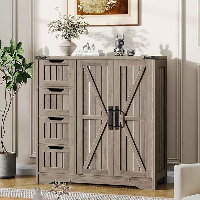 Vabches Farmhouse Bathroom Cabinet, Freestanding Storage Cabinet with 4 Drawers and 2 Doors, Rustic Storage Organizer with Adjustable Shelf for Bathroom, Living Room, Entryway, Grey