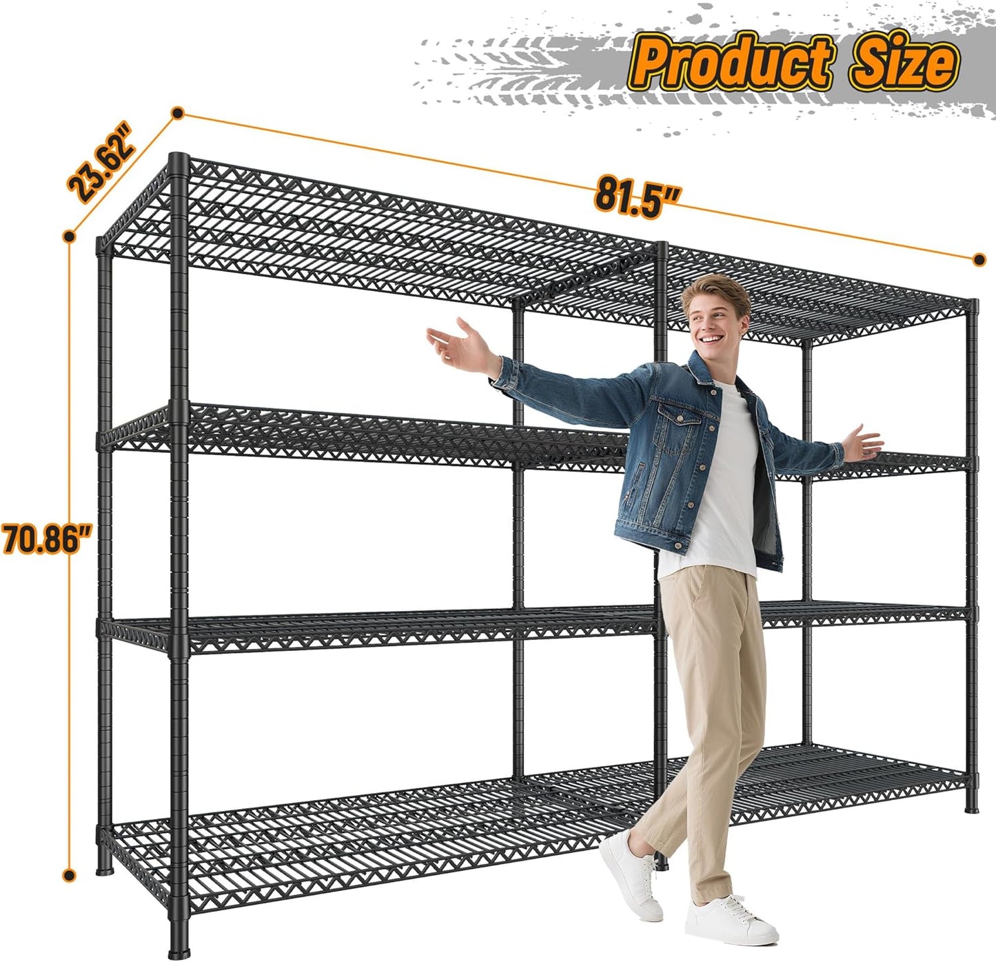 REIBII 81.5''W Storage Shelves 3680LBS Garage Shelving Heavy Duty 4 Tier Metal Shelving Unit Adjustable Wire Shelf and Storage Pantry Shelves for Kitchen Garage, 81.5Wx23.62Dx70.86H，Black, 2PCS - NestledHome