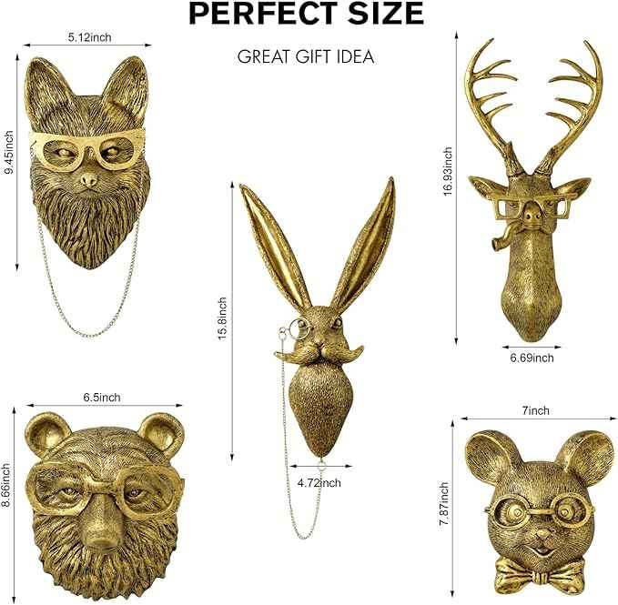montresor 5 PCS Animals Head Wall Art Sculptures 17 inchs Gold Office Vintage 3D Wall Decor Art for Whimsigoth Home Wall Decor Lightweight Material Accent Wall Hanging Room Decor Maximalist Decor