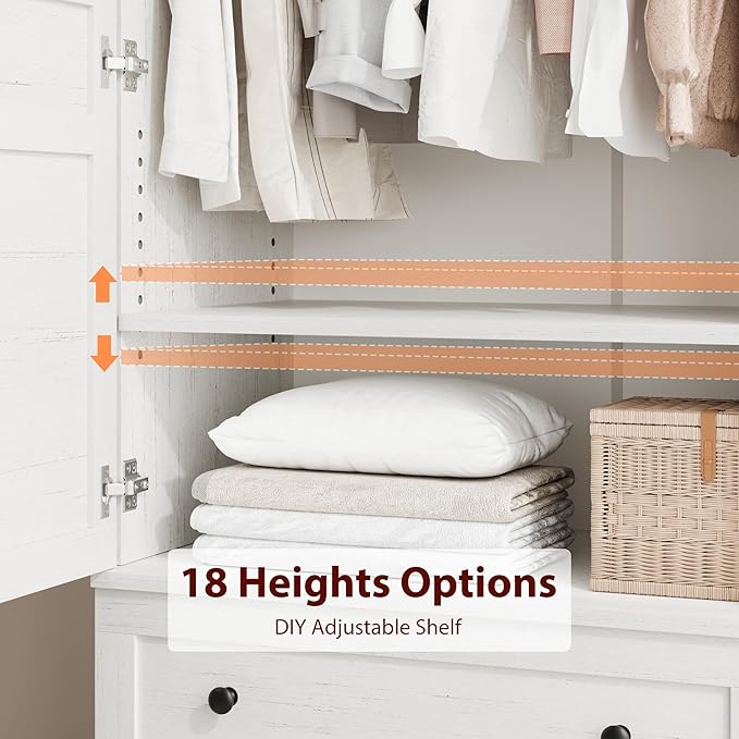 GarveeHome Armoire Wardrobe Closet with 2 Drawers,72 in Wooden Wardrobe Cabinet with Hanging Rod, Tall Clothing Armoire Cabinet with Doors and 18 Adjustable Shelves for Bedroom, Clothes, Rustic White