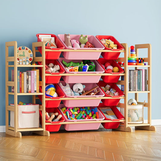 SpaceAid Toy Storage Organizer with 6 Shelves and 12 Bins, Toy Organizers Storage Bookshelf, Kids Bin Shelf Toys Box Bookcase for Bedroom Playroom Organization Room Decor, Red and Pink - NestledHome