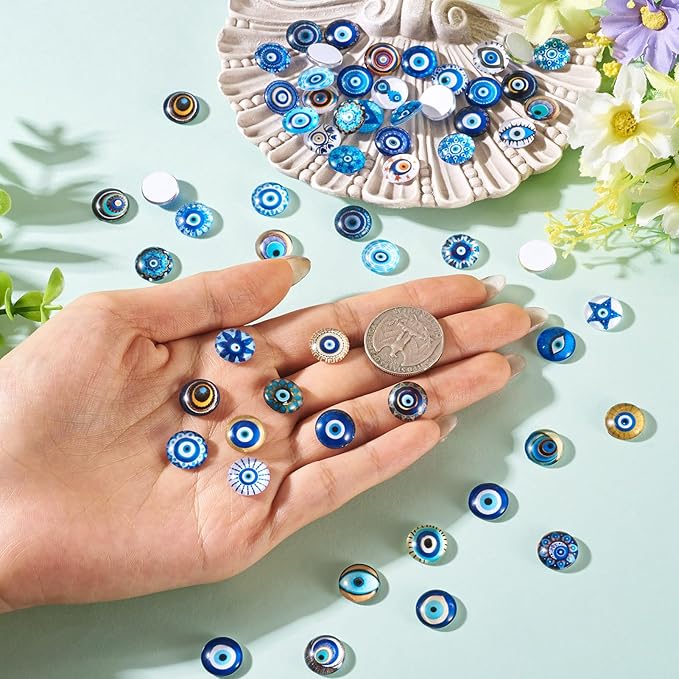 Craftora 100Pcs 12mm Transparent Evil Eye Glass Cabochons Mixed Blue Eyes Cameo Dome Tiles Flat Back Glass Covered Dome Tiles for DIY Bracelets Necklace Scrapbooking Art Crafts