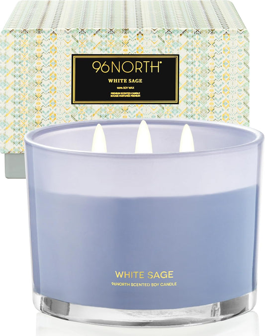 96NORTH Luxury White Sage Candle | Large 3 Wick Jar Candle | Up to 50 Hours Burning Time | 100% Natural Soy Wax | Relaxing Aromatherapy Aesthetic Candles | Housewarming Gift for Men and Women - NestledHome