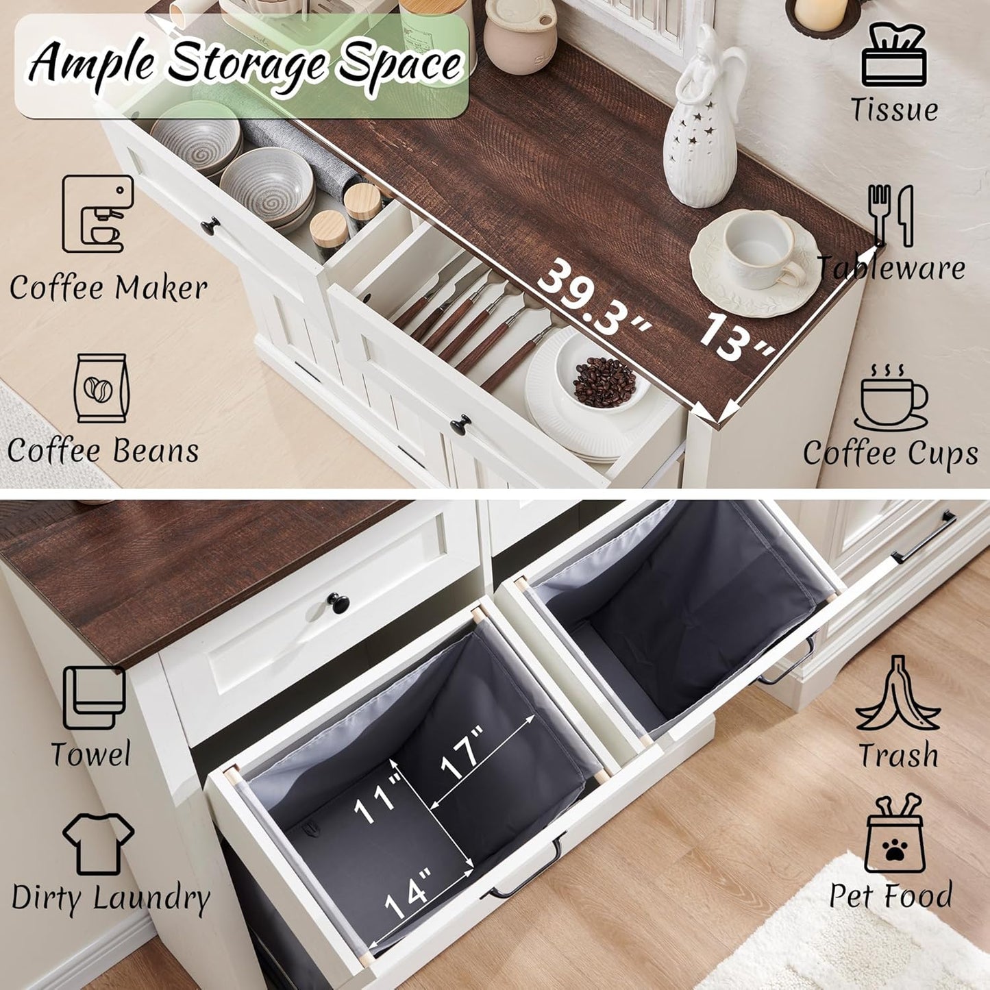 Double Tilt Out Laundry Hamper Cabinet, 20 Gallon Farmhouse Trash Can Cabinet with Drawer, Hidden Wood Garbage Can Bin Cabinets with Laundry Storage Basket for Bathroom, Kitchen (Antique White) - NestledHome