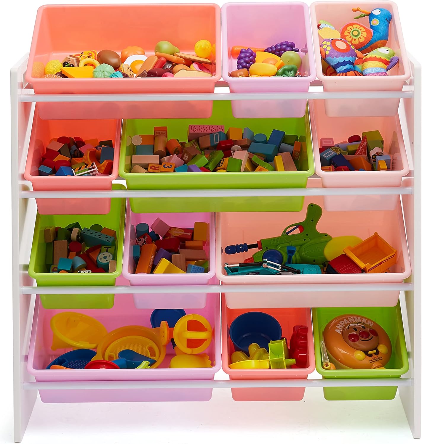 Amazon Basics Kids Toy Storage Organizer With 12 Plastic Bins, White Wood With Pink Bins, 10.9" D x 33.6" W x 31.1" H - NestledHome