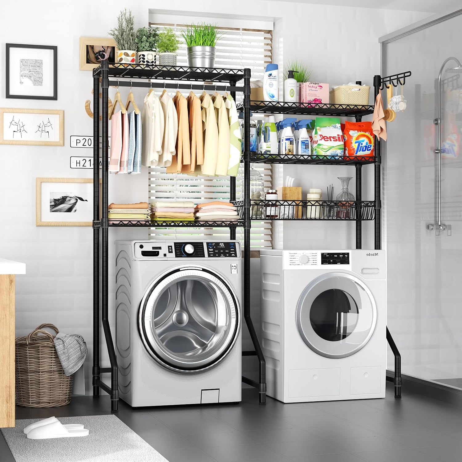 Over Washer and Dryer Shelves,Heavy Duty Laundry Room Storage Organization Clothes Drying Rack,5 Tier Adjustable Height Wire Shelving and Wire Basket with Hanger Rod&Hook,Space Saving Shelf - NestledHome