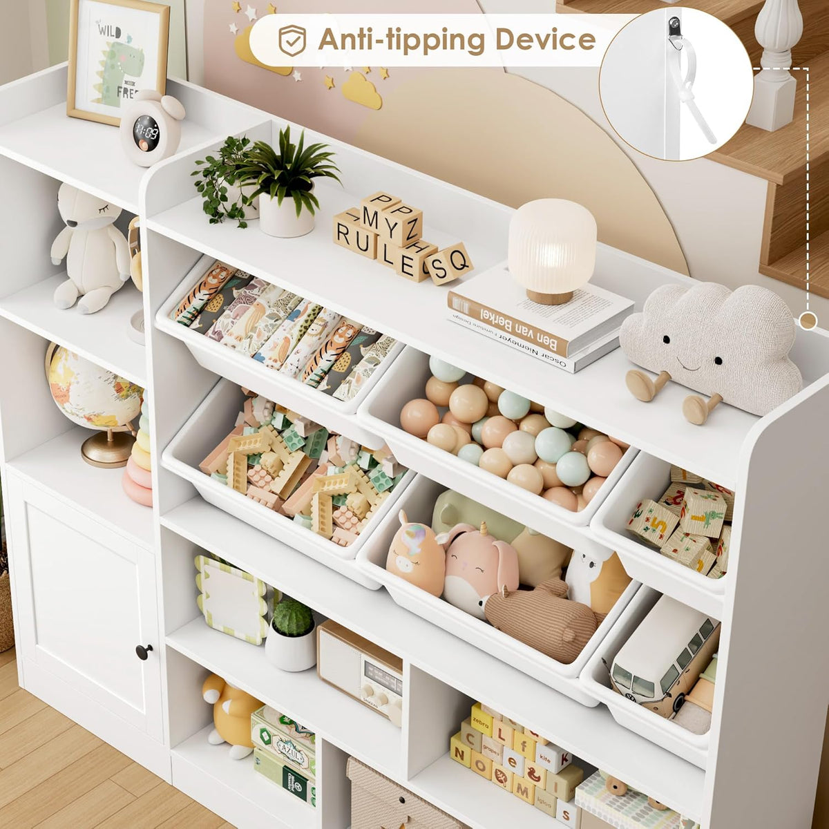 Toy Storage Organizer, 55” Wide Toy Organizers and Storage with 8 Storage Cubbies & 6 Toy Bins, Large Toy Box with Bookshelf, Playroom Storage for Playroom, White - NestledHome
