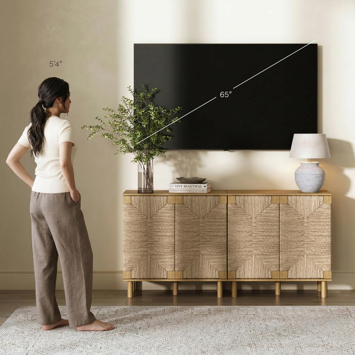 Beacon Accent Natural Sideboard Storage Cabinet TV Stand in Light Wood with Adjustable Interior Shelf and Seagrass Doors