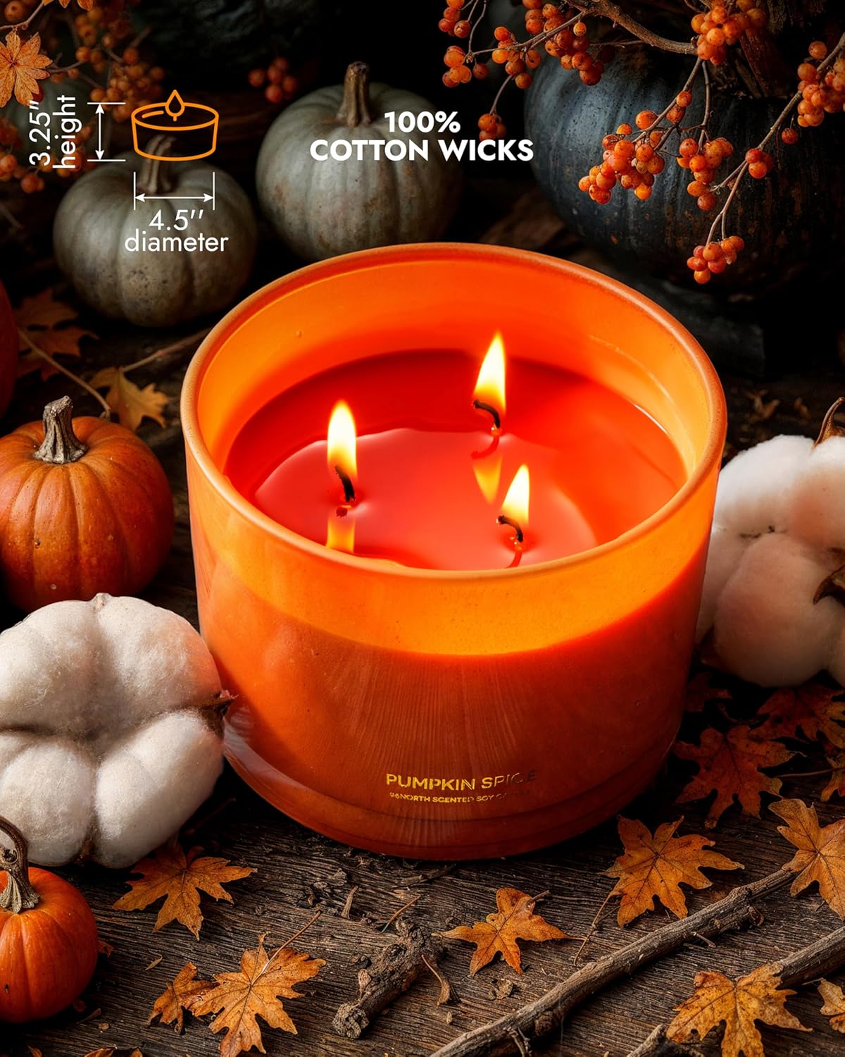 96NORTH Luxury Pumpkin Soy Candle | Large 3 Wick Jar Candle | Halloween & Fall Decor | Up to 40 Hours Burning | 100% Natural Soy Wax | Relaxing Aromatherapy Candle | Halloween Fall Candle Gift - NestledHome