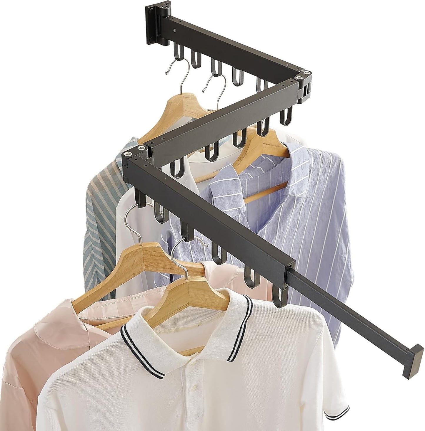 Clothes Drying Rack Wall Mounted, Laundry Drying Rack Collapsible, Space Saving Wall Drying Rack Clothing Foldable, Tri-Fold Retractable Rack Outdoor Indoor with 18 Hooks(Black，Loop-Shape Hooks) - NestledHome