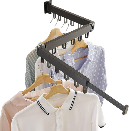 Clothes Drying Rack Wall Mounted, Laundry Drying Rack Collapsible, Space Saving Wall Drying Rack Clothing Foldable, Tri-Fold Retractable Rack Outdoor Indoor with 18 Hooks(Black，Loop-Shape Hooks) - NestledHome