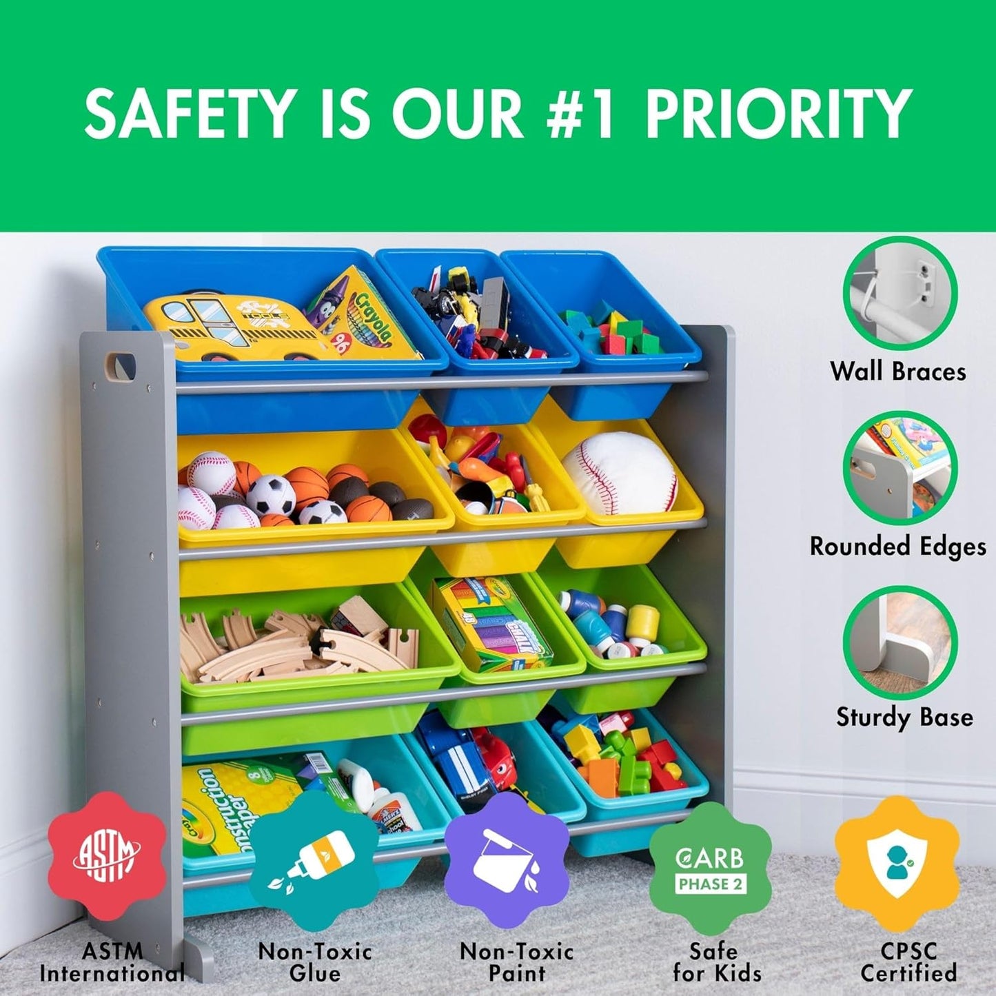 Humble Crew Kids Toy Storage Organizer with 12 Plastic Bins, Grey/Blue/Green/Yellow – Removable Bins for Playroom, Bedroom, Toddler Furniture for Boys and Girls Ages - NestledHome