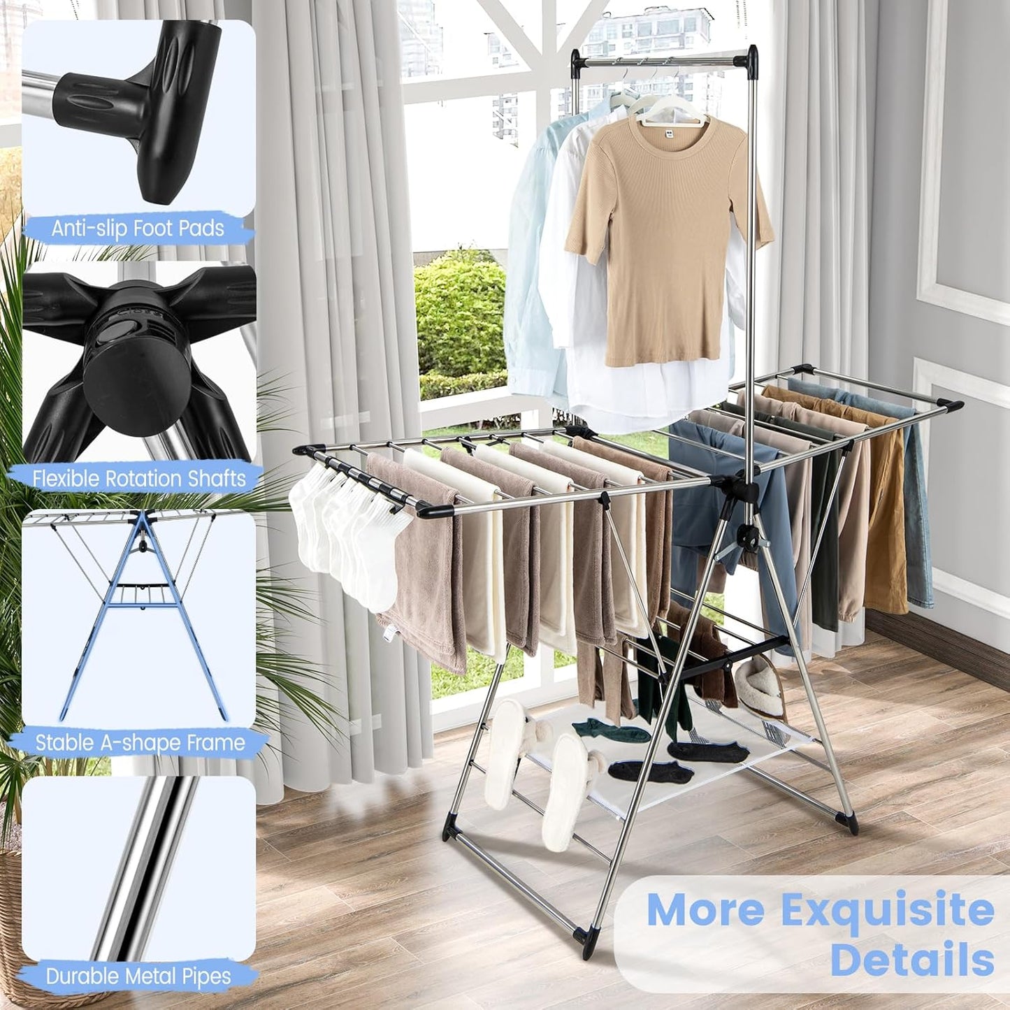 Giantex Clothes Drying Rack, Foldable Laundry Drying Rack with with 6-Level Adjustable Height, High Hanger Design, Side Clips, Space Saving Collapsible Laundry Drying Rack - NestledHome