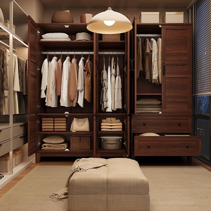 GarveeHome Armoire Wardrobe Closet with 2 Drawers,72 in Wooden Wardrobe Cabinet with Hanging Rod, Tall Clothing Armoire Cabinet with Doors and 18 Adjustable Shelves for Bedroom, Clothes,Walunt Brown