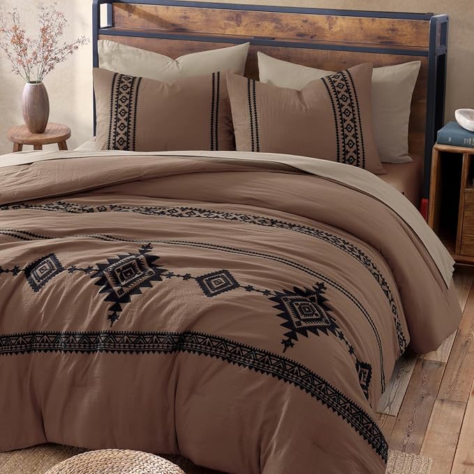 MaiRêve Embroidery Comforter Set, Boho Farmhouse Western Bedding Set, All Season Bed in A Bag Comforter Set with Sheets, Pillowcases & Shams, Brown Queen 7 Pieces
