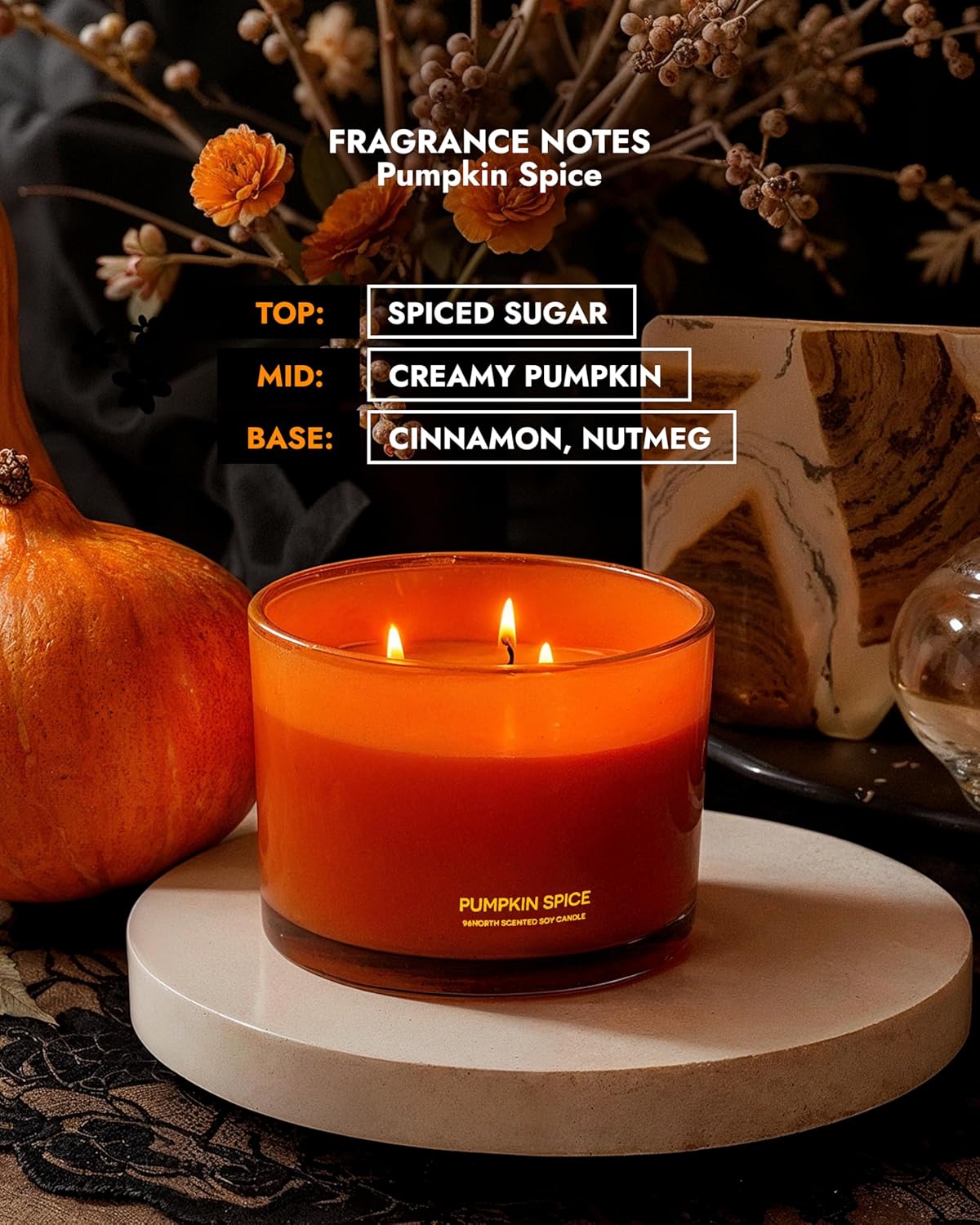 96NORTH Luxury Pumpkin Soy Candle | Large 3 Wick Jar Candle | Halloween & Fall Decor | Up to 40 Hours Burning | 100% Natural Soy Wax | Relaxing Aromatherapy Candle | Halloween Fall Candle Gift - NestledHome