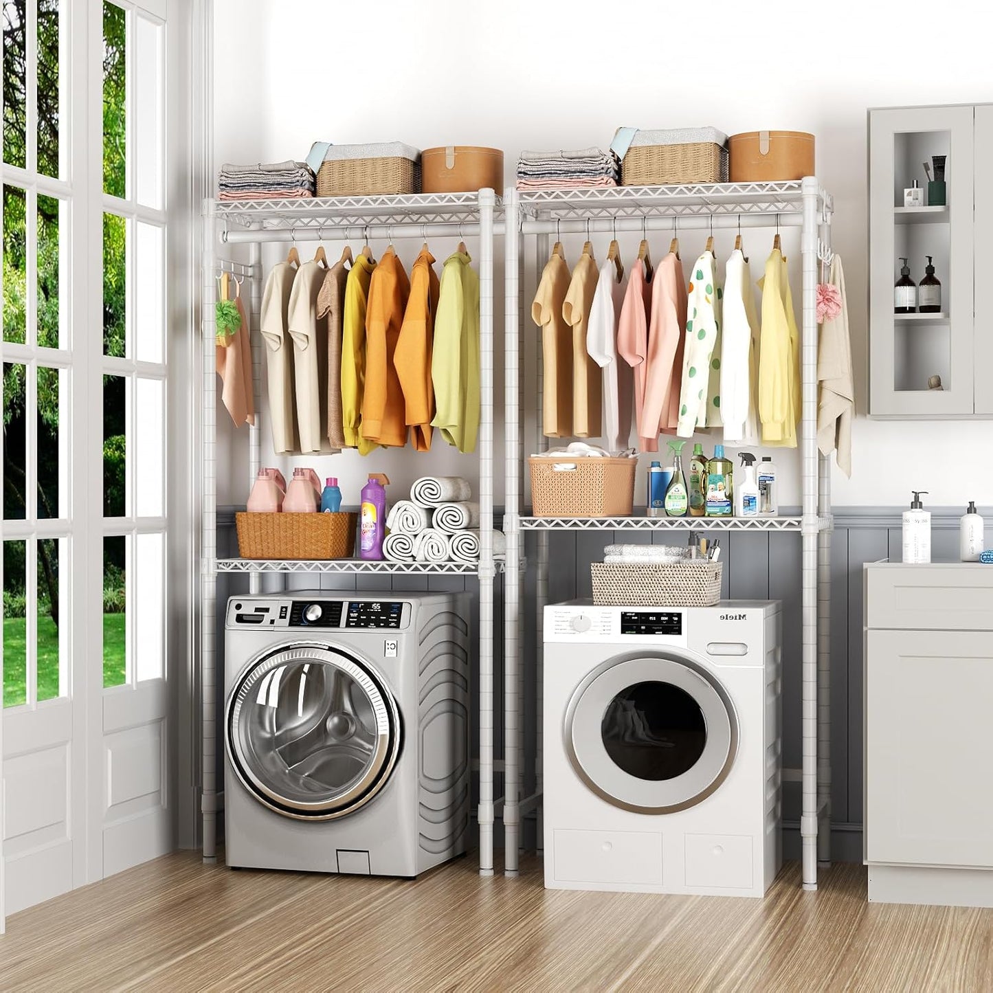 Over Washer and Dryer Shelves,2 Tier Adjustable Height Wire Shelving Laundry Room Storage Organization Clothes Drying Rack with Hanger Rod&Hooks,Space Saving Organizers Shelf,White - NestledHome