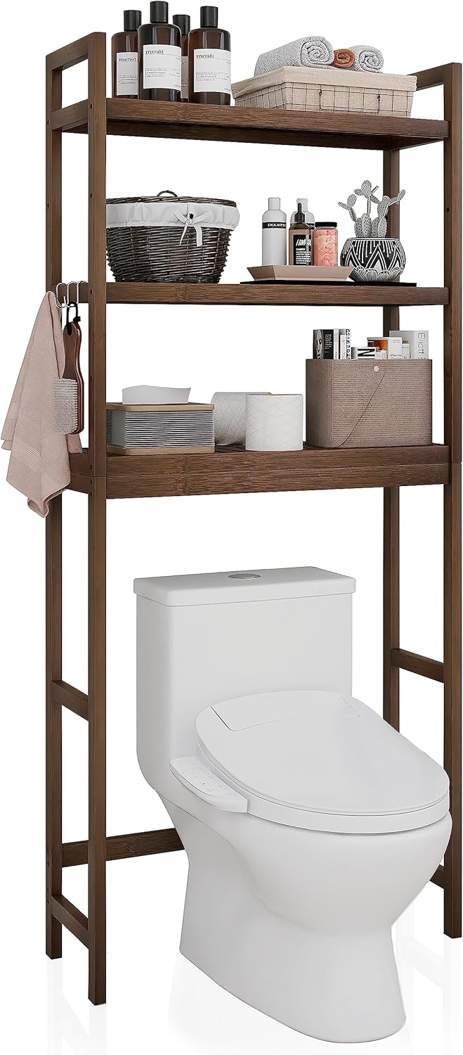 SMIBUY Bathroom Storage Shelf, Bamboo Over-The-Toilet Organizer Rack, Freestanding Toilet Space Saver with 3-Tier Adjustable Shelves (Walnut) - NestledHome