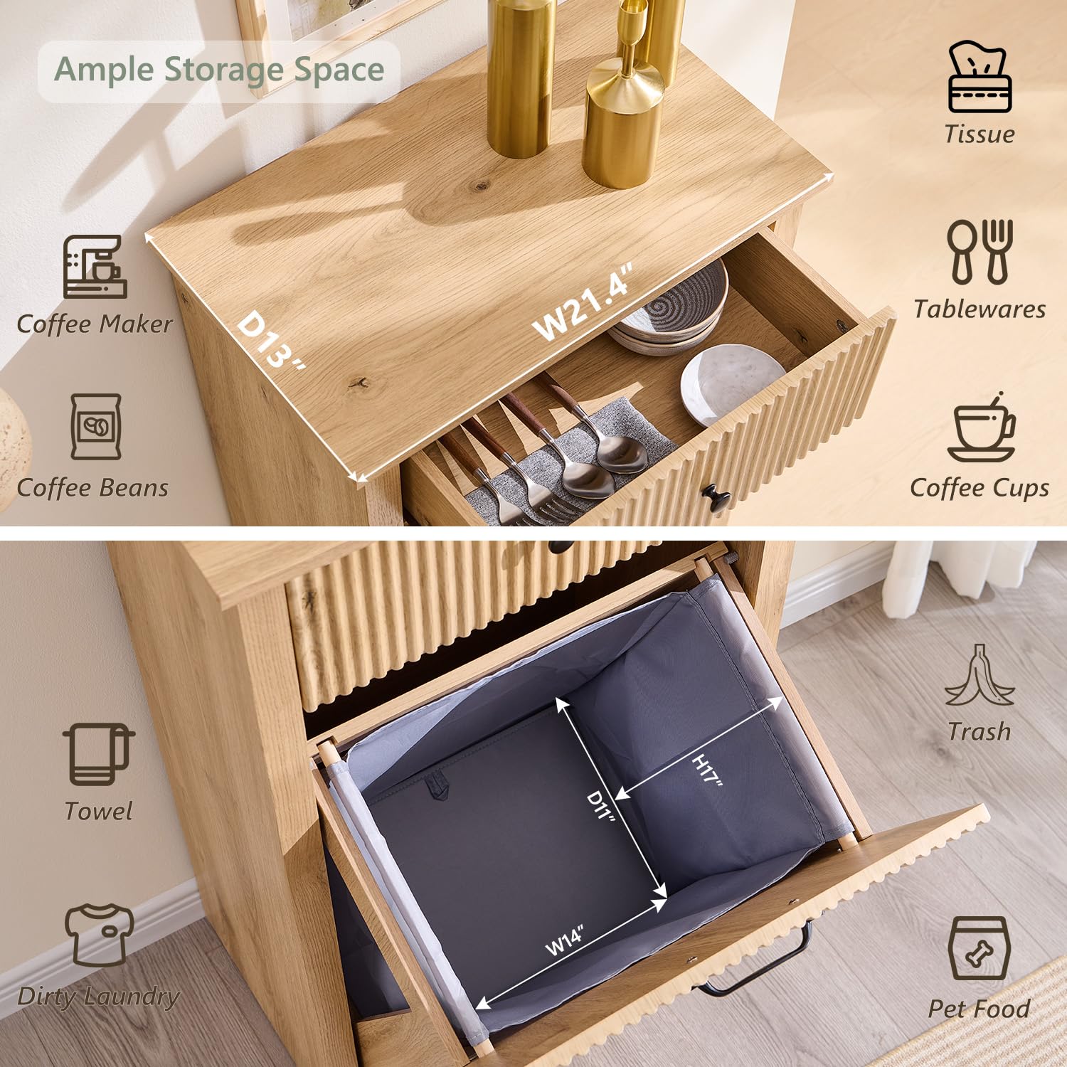 Modern Tilt-Out Trash Can Cabinet, 10 Gallon Fluted Laundry Hamper Cabinet with Drawers, Wooden Hidden Garbage Can Cabinet w/Storage Basket, Free Standing for Kitchen & Living Room,Natural Oak - NestledHome