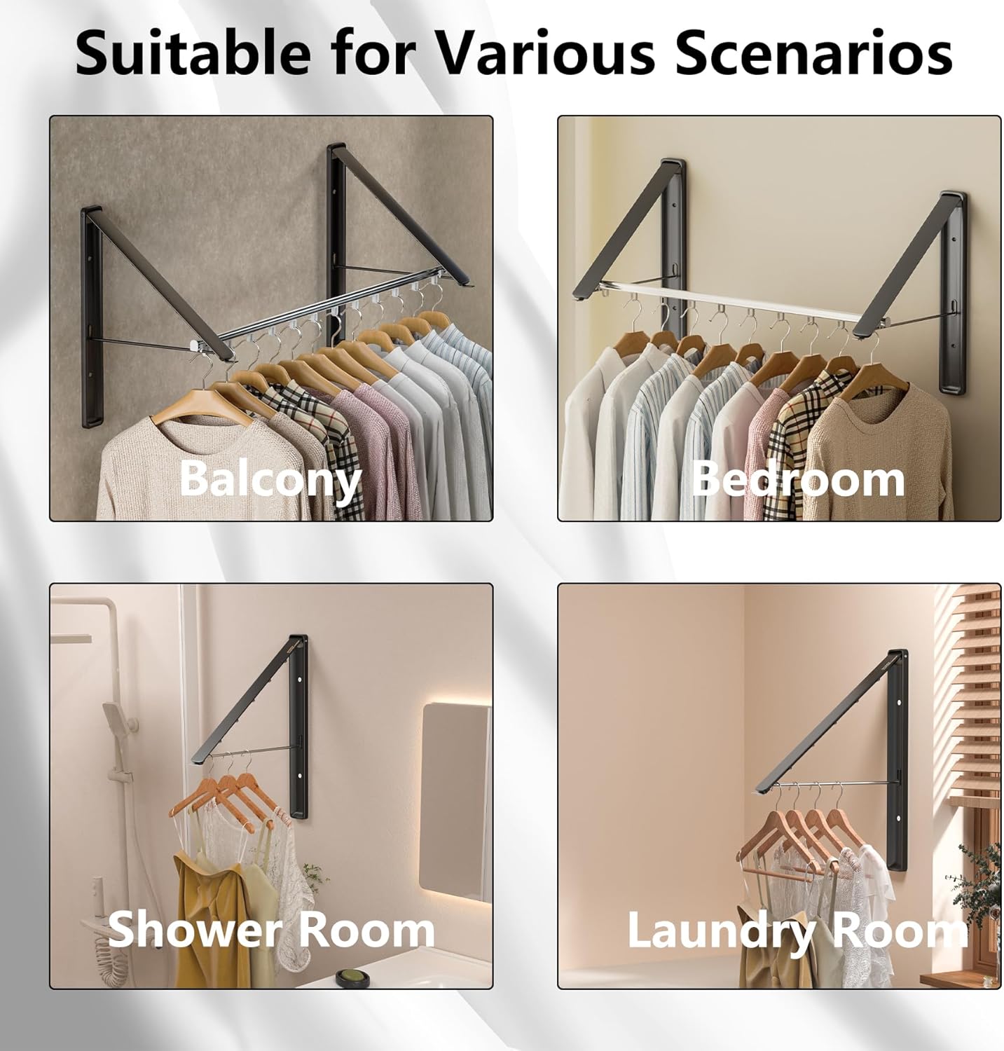 Dr.DJ Clothes Drying Rack with Rod, Wall-Mounted Retractable & Foldable Clothes Hanger for Laundry Room Organization and Storage, Metal Clothes Hanger Rack for Dorm, Closet, Balcony 2Rack, 1Rod Black - NestledHome